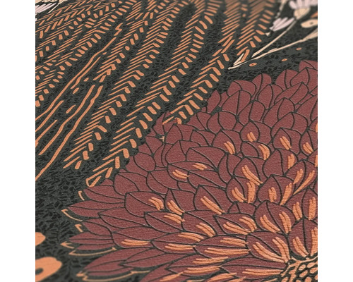 Närbild av en blommig tapet med stiliserade blommor och geometriska element