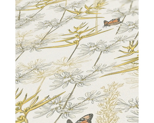 Detaljbild av en tapet med växter och fjärilar