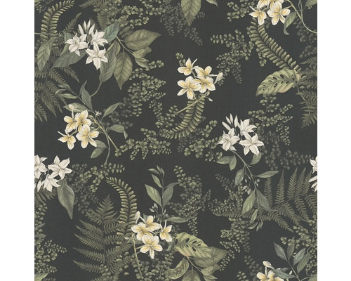 Tapet med djungelmotiv med ormbunkar och blommor