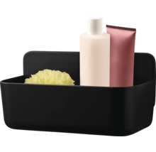 Svart duschkorg med svamp, lotion och tub