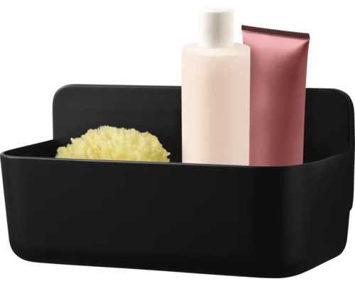 Svart duschkorg med svamp, lotion och tub