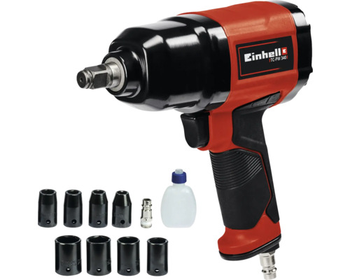 Einhell tryckluftsdrivna mutterdragare med hylsnyckelsats och oljeflaska