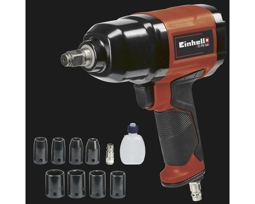 Einhell tryckluftsdrivna mutterdragare med hylsnyckelsats och oljeflaska