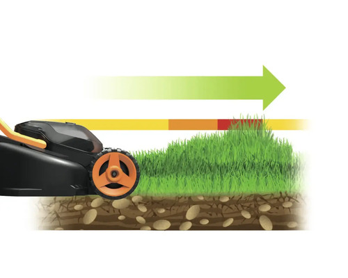 Illustration av en gräsklippare som klipper gräs med en färgad indikering av klipphöjden