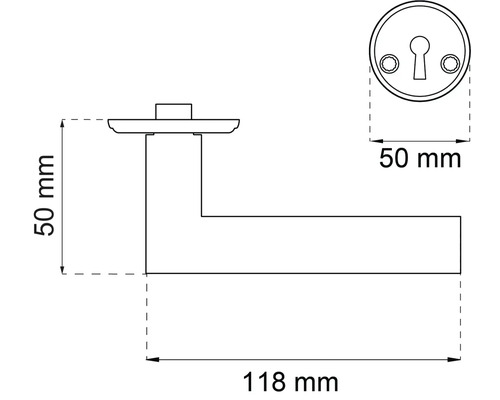 Teknisk ritning av ett dörrhandtag med rosett och måttangivelser