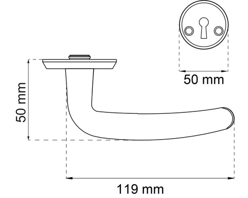 Teknisk ritning av ett dörrhandtag med rosett och måtten 50 mm och 119 mm.