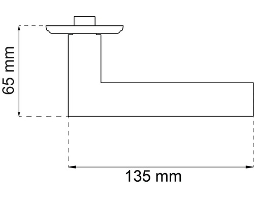Teknisk ritning av ett dörrhandtag med måtten 65 mm och 135 mm.