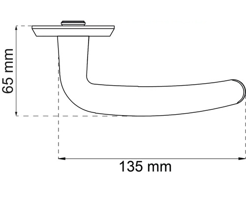 Teknisk ritning av ett dörrhandtag med mått: 65 mm högt och 135 mm långt.