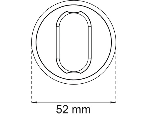 Illustration av en rund rosett med ett ovalt nyckelhål och en storleksangivelse på 52 millimeter.