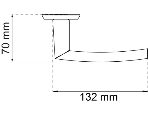 Teknisk ritning av ett dörrhandtag med måtten 70 millimeter höjd och 132 millimeter längd