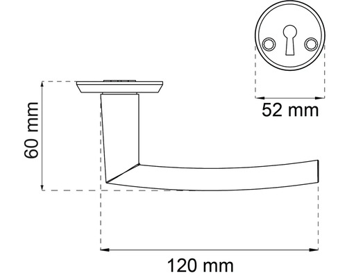 Teknisk ritning av ett dörrhandtag med måtten 60 millimeter, 52 millimeter och 120 millimeter.