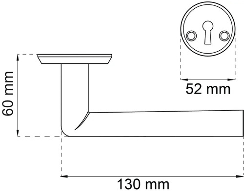 Teknisk ritning av ett dörrhandtag med rosett och måttangivelser