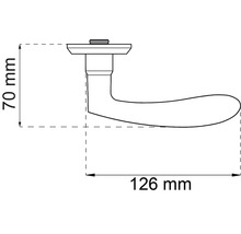 Teknisk ritning av ett dörrhandtag med måtten 70 mm höjd och 126 mm längd