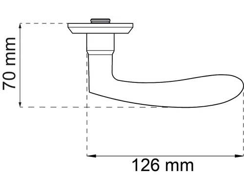 Teknisk ritning av ett dörrhandtag med måtten 70 mm höjd och 126 mm längd