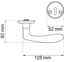Teknisk ritning av ett dörrhandtag med mått: 60 mm höjd, 125 mm längd, rosett 52 mm diameter.