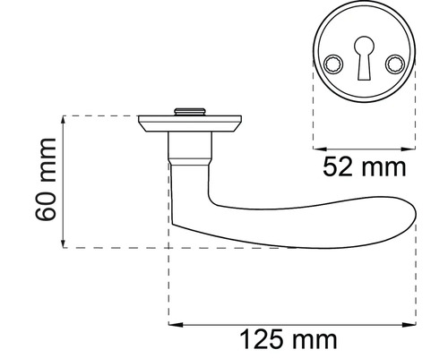 Teknisk ritning av ett dörrhandtag med mått: 60 mm höjd, 125 mm längd, rosett 52 mm diameter.