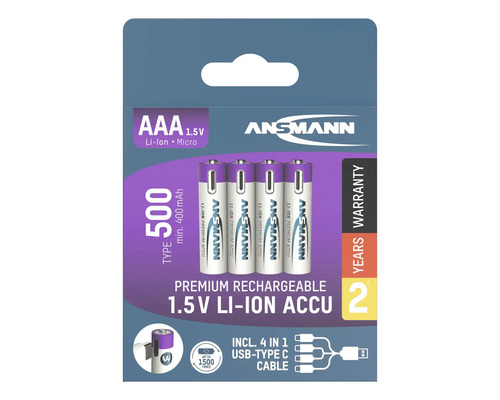 Ansmann AAA-batterier, 1,5 volt, litiumjon, 4-pack med USB-C-kabel