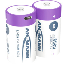 Två Ansmann D litiumjon premium batterier med 6000 mAh