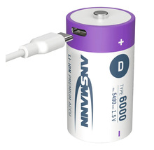 Ansmann D-batteri med USB-C-port och laddningskabel