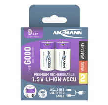 Förpackning med två uppladdningsbara Ansmann D 1,5V litiumjonbatterier med USB Type C-kabel