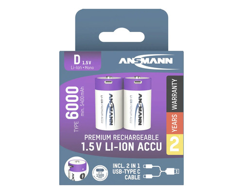 Förpackning med två uppladdningsbara Ansmann D 1,5V litiumjonbatterier med USB Type C-kabel