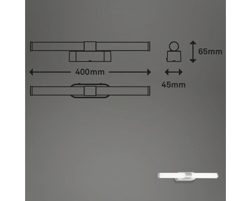 Teknisk ritning av en LED-vägglampa med måtten 400 mm bred, 65 mm hög och 45 mm djup.