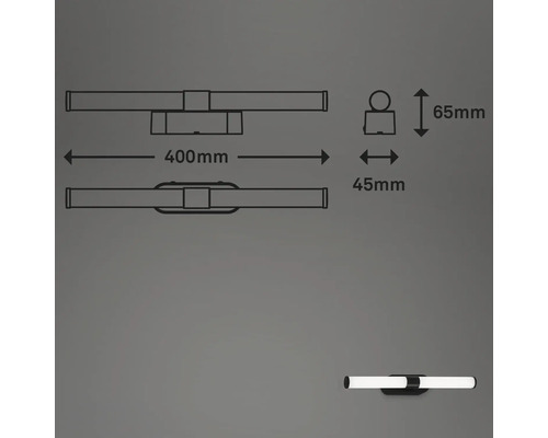 Teknisk ritning av en badrumslampa med måtten 400 mm bred, 65 mm hög och 45 mm djup