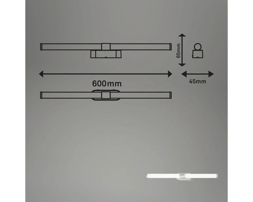 Teknisk ritning av en 600 mm lång LED-vägglampa med måtten 65 mm och 45 mm