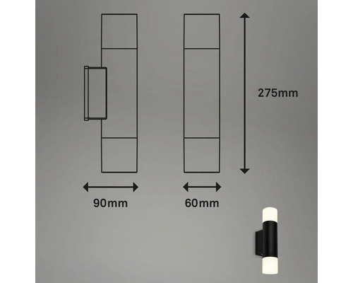 Teknisk ritning av en vägglampa med måtten 275 mm höjd, 90 mm bredd och 60 mm djup.