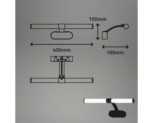 Teknisk ritning av en utanpåliggande lampa med måtten 400 mm bred, 100 mm hög och 165 mm djup.