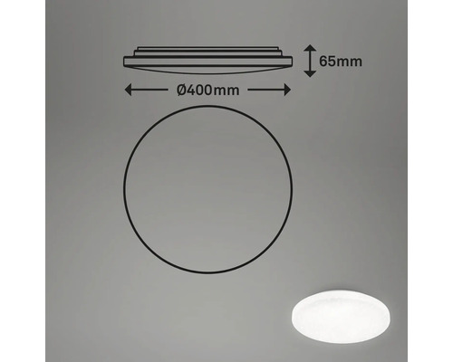 Skiss av en rund taklampa med måtten 400 millimeter i diameter och 65 millimeter i höjd