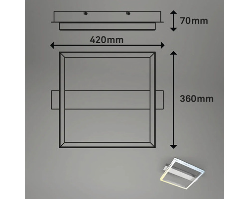 Teknisk ritning av en LED-vägglampa med måtten 420 millimeter bred, 360 millimeter hög och 70 millimeter djup.