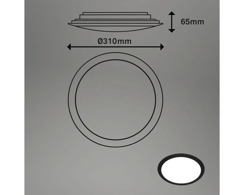 Teknisk ritning av en rund infälld spotlight med måtten 310 millimeter i diameter och 65 millimeter i höjd