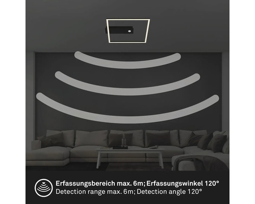 Taklampa med rörelsedetektor i vardagsrummet, detekteringsområde maximalt sex meter, detekteringsvinkel 120 grader
