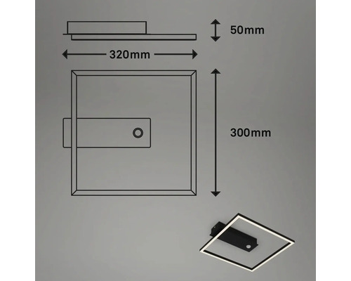 Teknisk ritning av en fyrkantig LED-taklampa med måtten 320 mm x 300 mm och en höjd av 50 mm.