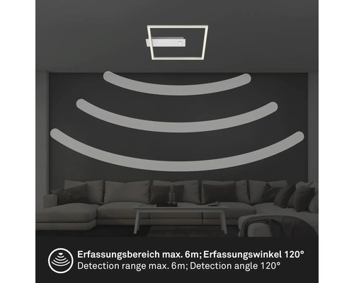 Fyrkantig taklampa med rörelsesensor ovanför soffan