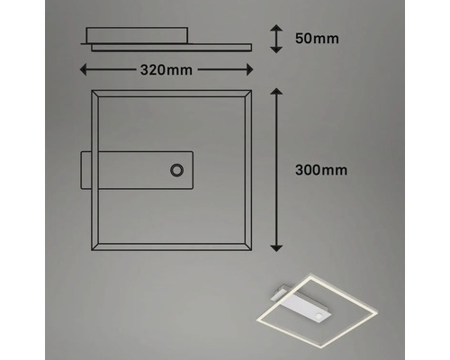 Skiss av en LED-taklampa med måtten 320 mm bred, 300 mm lång och 50 mm hög