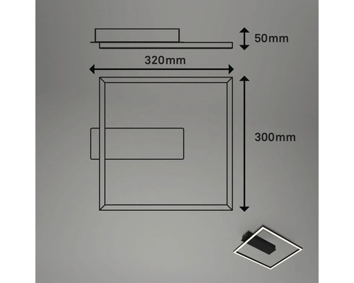 Mått på en fyrkantig taklampa: 320 mm bred, 300 mm hög och 50 mm djup.