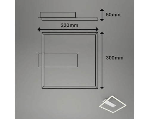 Teknisk ritning av en taklampa med måtten 320 mm bredd, 300 mm höjd och 50 mm djup