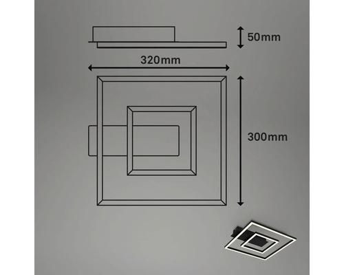 Teknisk ritning av en taklampa med måtten 320 mm bred, 300 mm lång och 50 mm hög.