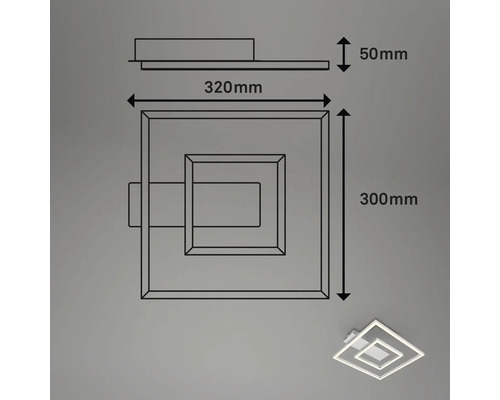 Teknisk ritning av en taklampa med kvadratisk design och måtten 320 mm bred, 300 mm lång och 50 mm hög.