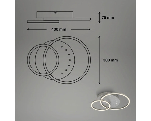 Teknisk ritning av en taklampa med LED och måtten 400 millimeter gånger 300 millimeter gånger 75 millimeter