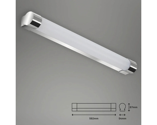 Vägglampa med en längd på 592 millimeter och en bredd på 67 millimeter.