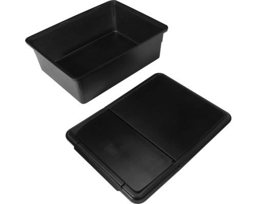 Svart plastplanteringslåda med matchande lock