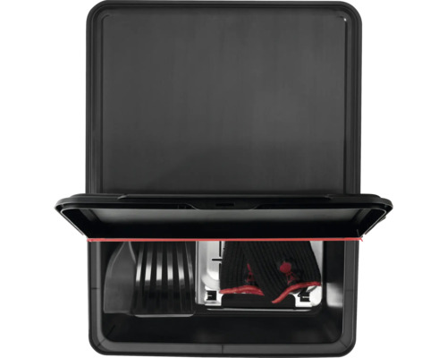 Svart verktygslåda med skyffel och handskar