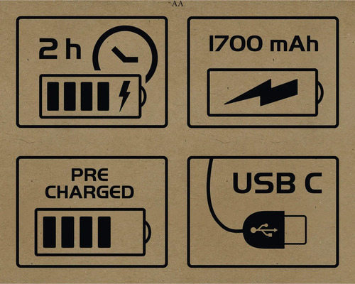Symboler för två timmars laddningstid, 1700 mAh, förladdad och USB-C