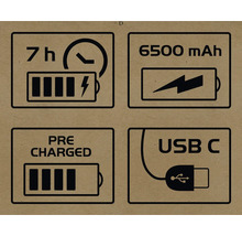 Symboler för sju timmars drift, 6500 mAh, förladdad och USB C