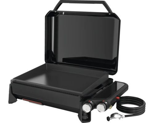 Svart bärbar gasgrill med öppen huva och reglage