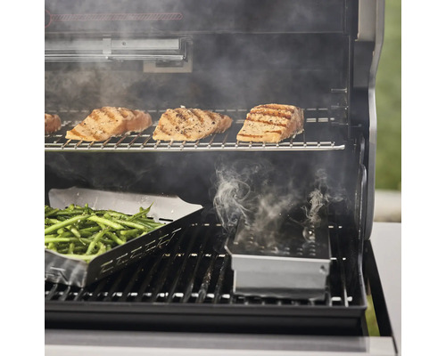 Öppen grill med fiskfiléer, gröna bönor och en rökbox