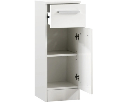 Vitt badrumsskåp med låda, öppen dörr och två hyllor